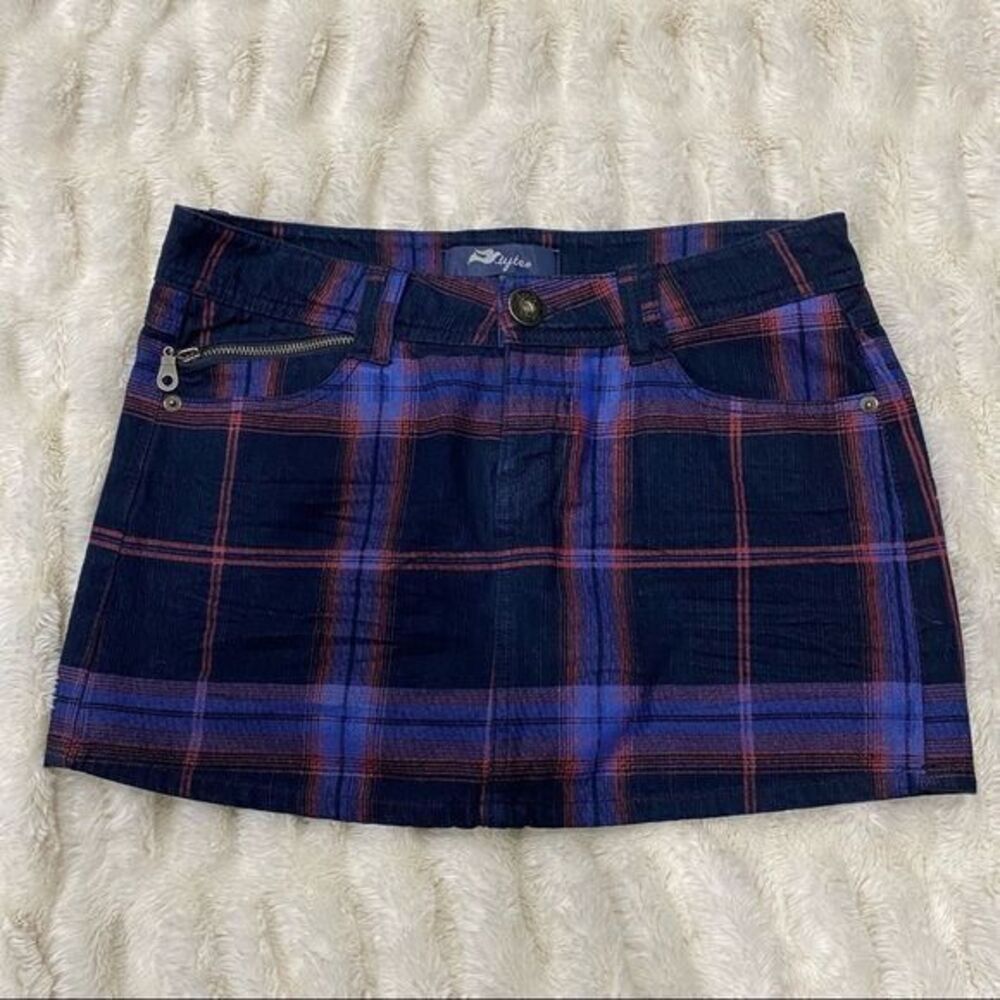 Tyte Denim Jean Plaid Mini Skirt Red Blue
